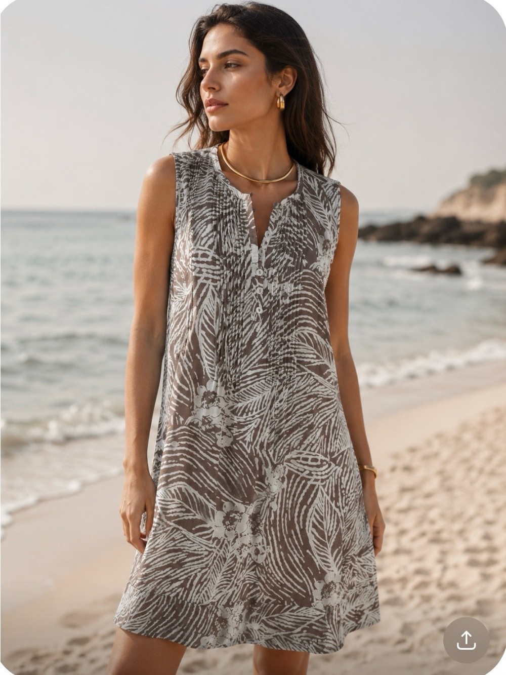 TAHARI Linen Blend Sleeveless Tropical Print Dress in Taupe and White Size L
